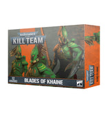 Box for a Warhammer 40,000 Kill Team miniatures set, shown at an angle with the front and right side visible. The gray and orange packaging depicts green-armored warriors and reads “KILL TEAM,” “12 MINIATURES,” and “BLADES OF KHAINE.”