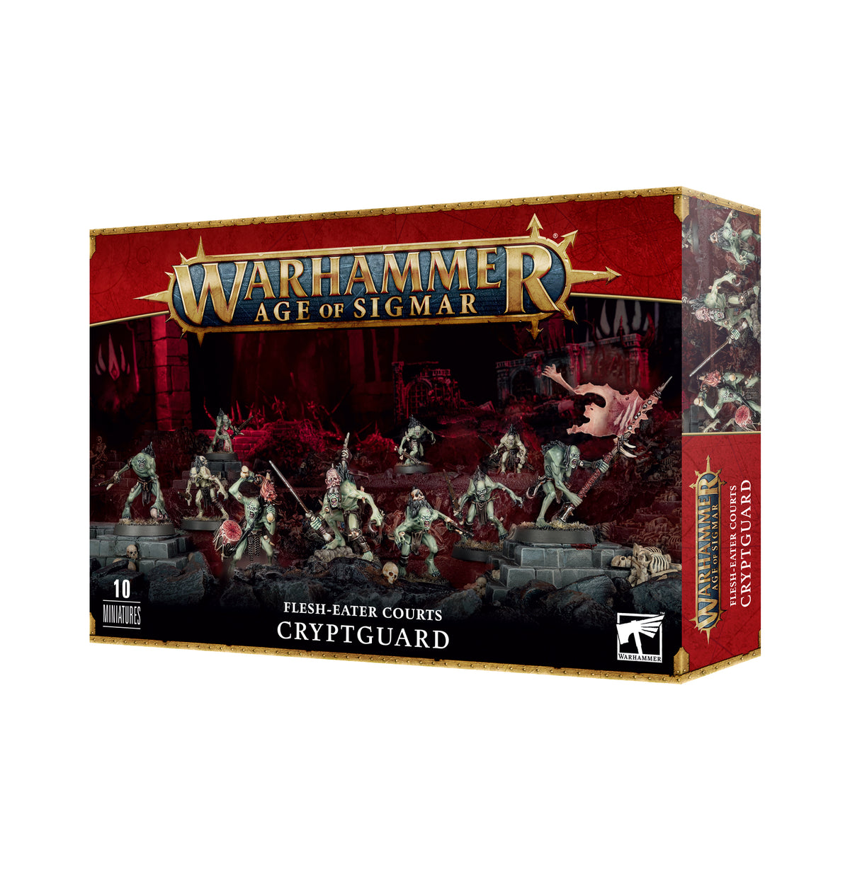 A red-and-black Warhammer box with gold trim, shown from the front and right side. The front depicts armored Cryptguard figures in a dark, ruined scene and reads “WARHAMMER AGE OF SIGMAR” and “FLESH-EATER COURTS CRYPTGUARD”; the side shows more figures.