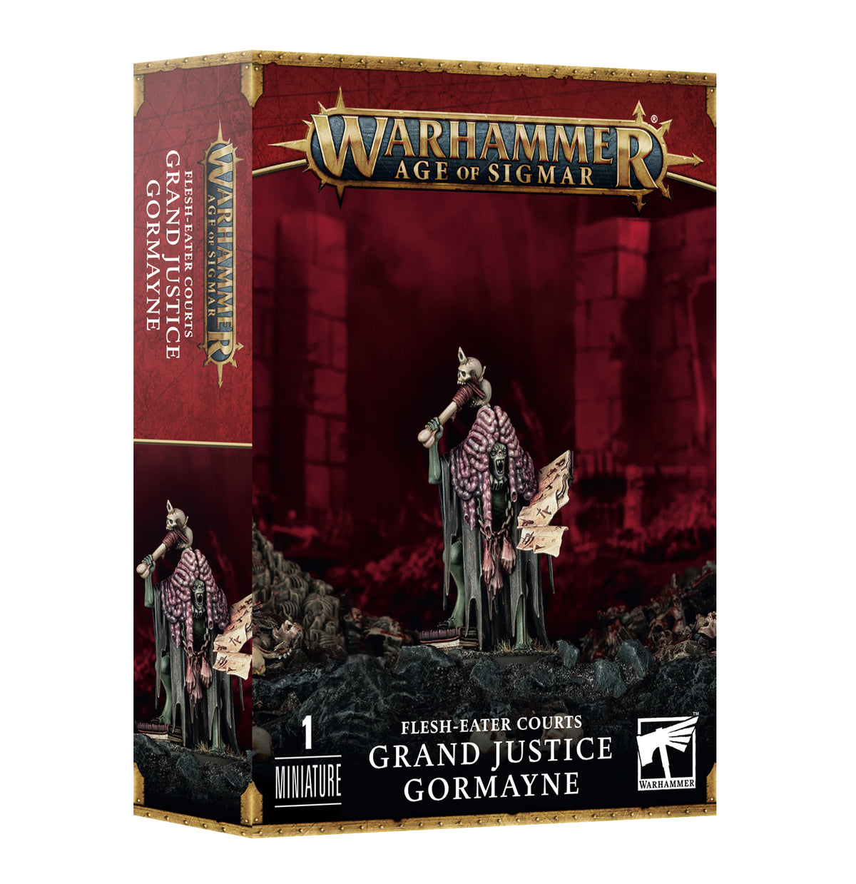 Box for one Flesh-eater Courts Grand Justice Gormayne miniature, shown with its front and left spine. The artwork depicts a skeletal figure in dark robes with a pink, ribbed torso and parchment scrolls; the box reads “WARHAMMER AGE OF SIGMAR” and “GRAND JUSTICE GORMAYNE.”