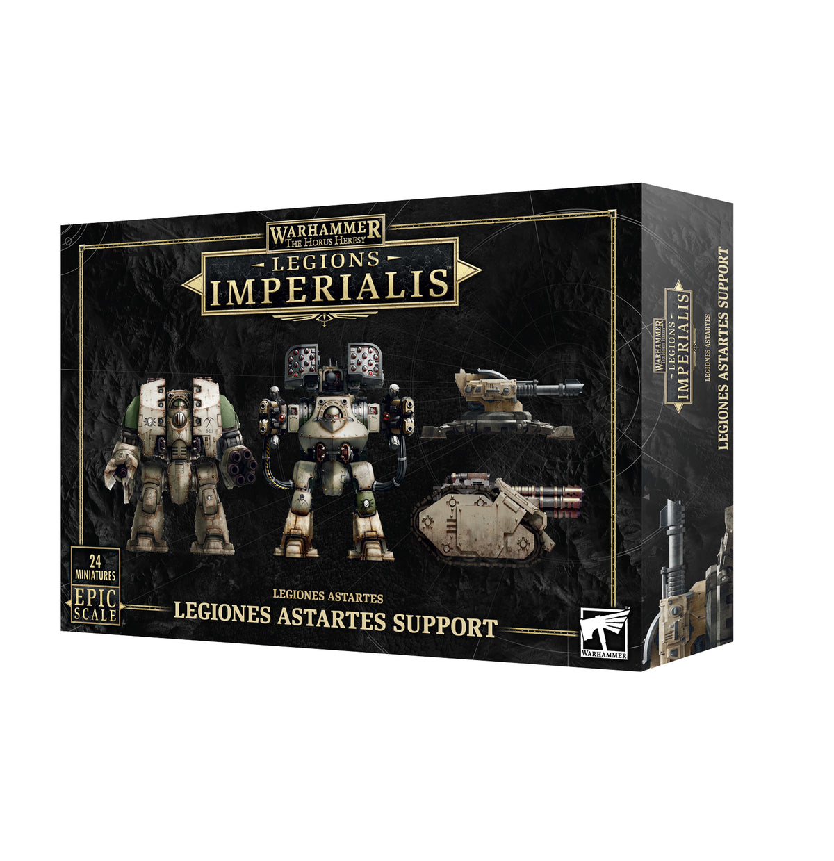 Black, gold-trimmed Games Workshop box for a miniature set, shown from the front and right side. The front depicts two armored walkers and several weapon platforms and reads “LEGIONS IMPERIALIS” and “LEGIONES ASTARTES SUPPORT”; a “24 MINIATURES” badge appears at lower left.