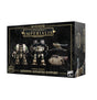 Black, gold-trimmed Games Workshop box for a miniature set, shown from the front and right side. The front depicts two armored walkers and several weapon platforms and reads “LEGIONS IMPERIALIS” and “LEGIONES ASTARTES SUPPORT”; a “24 MINIATURES” badge appears at lower left.