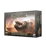 Boxed Legion Imperialis miniature set, shown from the front and right side; the dark gray box features a large tracked tank amid orange flames and ruins. Front text reads “LEGIONS IMPERIALIS” and “MALCADOR INFERNUS AND VALDOR TANK DESTROYERS.”