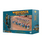 Teal “WARHAMMER THE OLD WORLD” box for “SKELETON WARRIORS,” shown at an angle on white. The front depicts ranks of armed skeleton miniatures with blue shields, while skeleton artwork decorates the box sides.