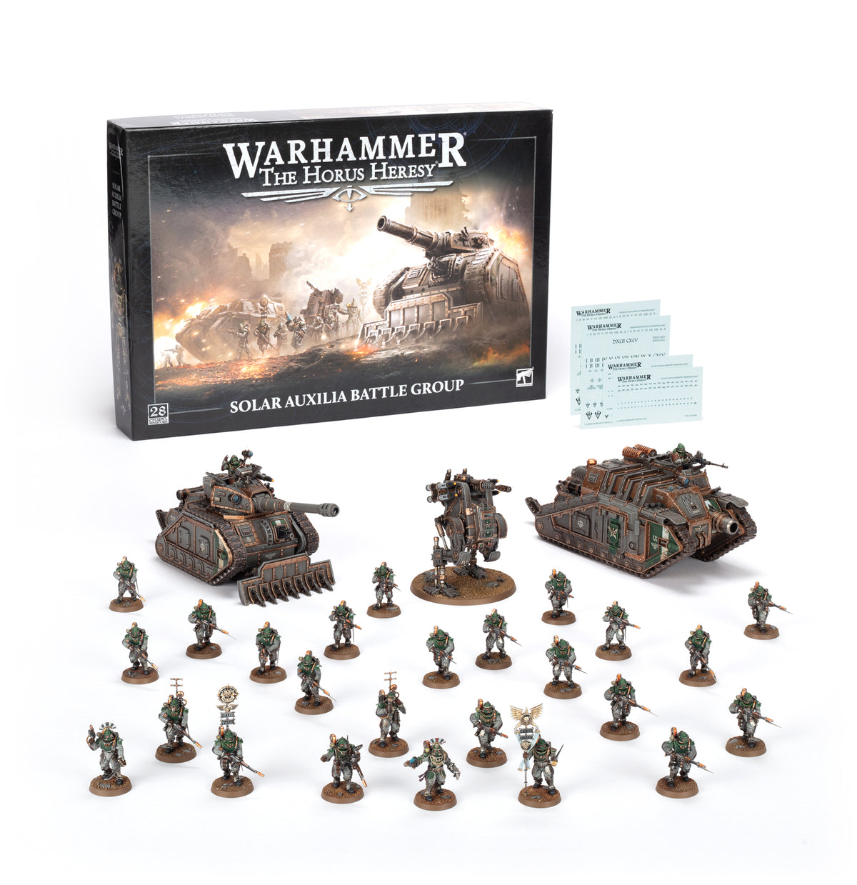 A boxed Solar Auxilia miniature battlegroup displayed with armored vehicles, a heavy walker, rows of small soldiers and pale transfer sheets. The box artwork reads “WARHAMMER THE HORUS HERESY” and “SOLAR AUXILIA BATTLE GROUP.”