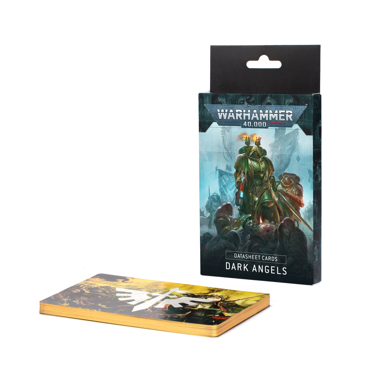 Dark Angels datasheet card pack stands behind a horizontal stack of illustrated cards with gold-colored edges and a large white insignia. The dark teal package shows armored figures and the text “WARHAMMER 40,000,” “DATASHEET CARDS” and “DARK ANGELS.”