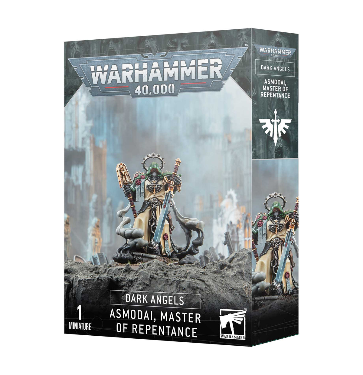 Box for one Dark Angels Asmodai miniature, showing an ornate hooded armored figure with a staff, chains and pale robes against a gray battlefield scene. The front reads “WARHAMMER 40,000” and “ASMODAI, MASTER OF REPENTANCE.”