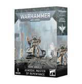 Box for one Dark Angels Asmodai miniature, showing an ornate hooded armored figure with a staff, chains and pale robes against a gray battlefield scene. The front reads “WARHAMMER 40,000” and “ASMODAI, MASTER OF REPENTANCE.”