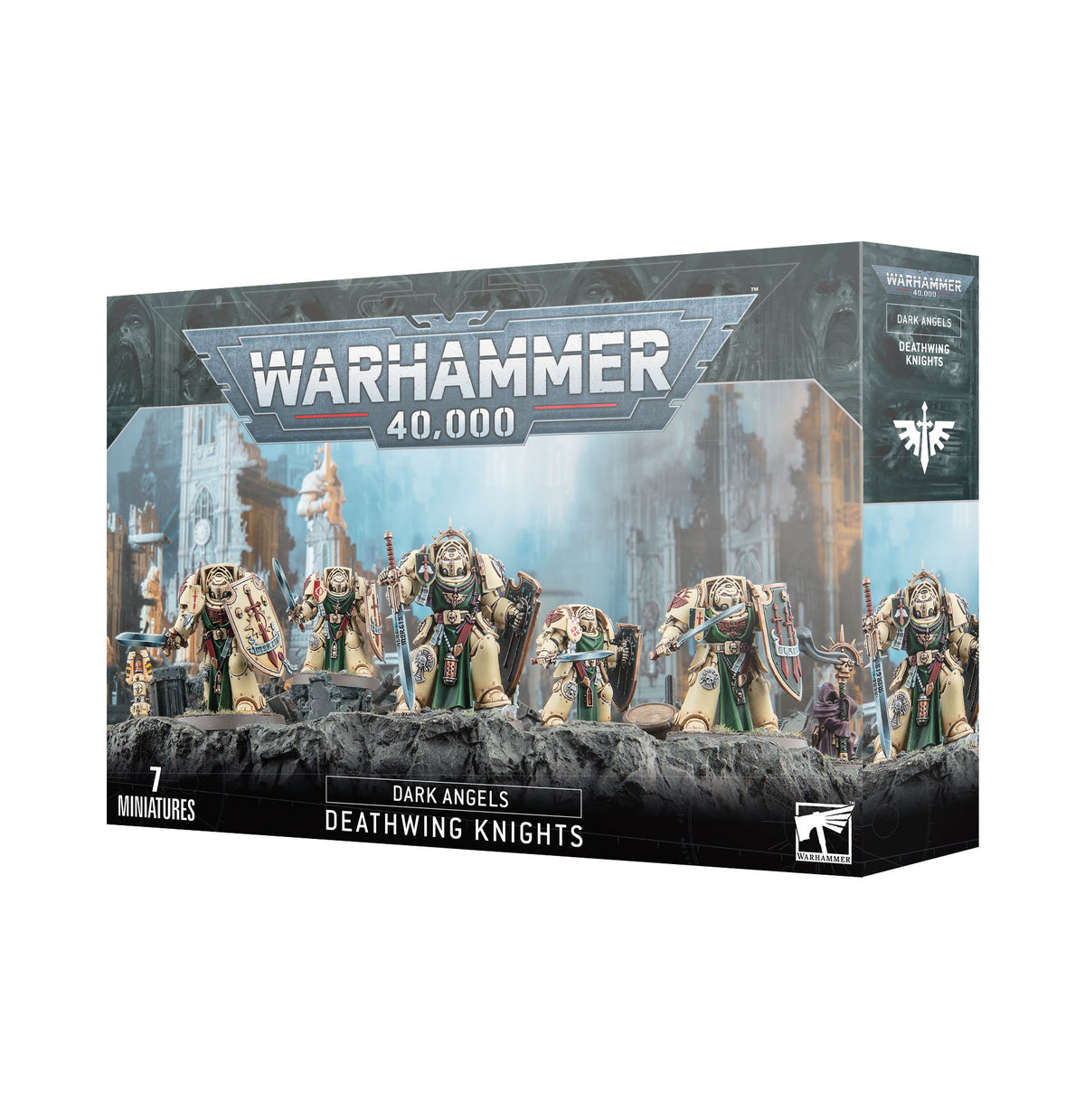 Warhammer 40,000 Deathwing Knights miniature set box, shown from the front and right side. The box artwork depicts seven cream-and-green armored warriors on rocky ground; prominent text reads “WARHAMMER 40,000,” “DARK ANGELS DEATHWING KNIGHTS,” and “7 MINIATURES.”