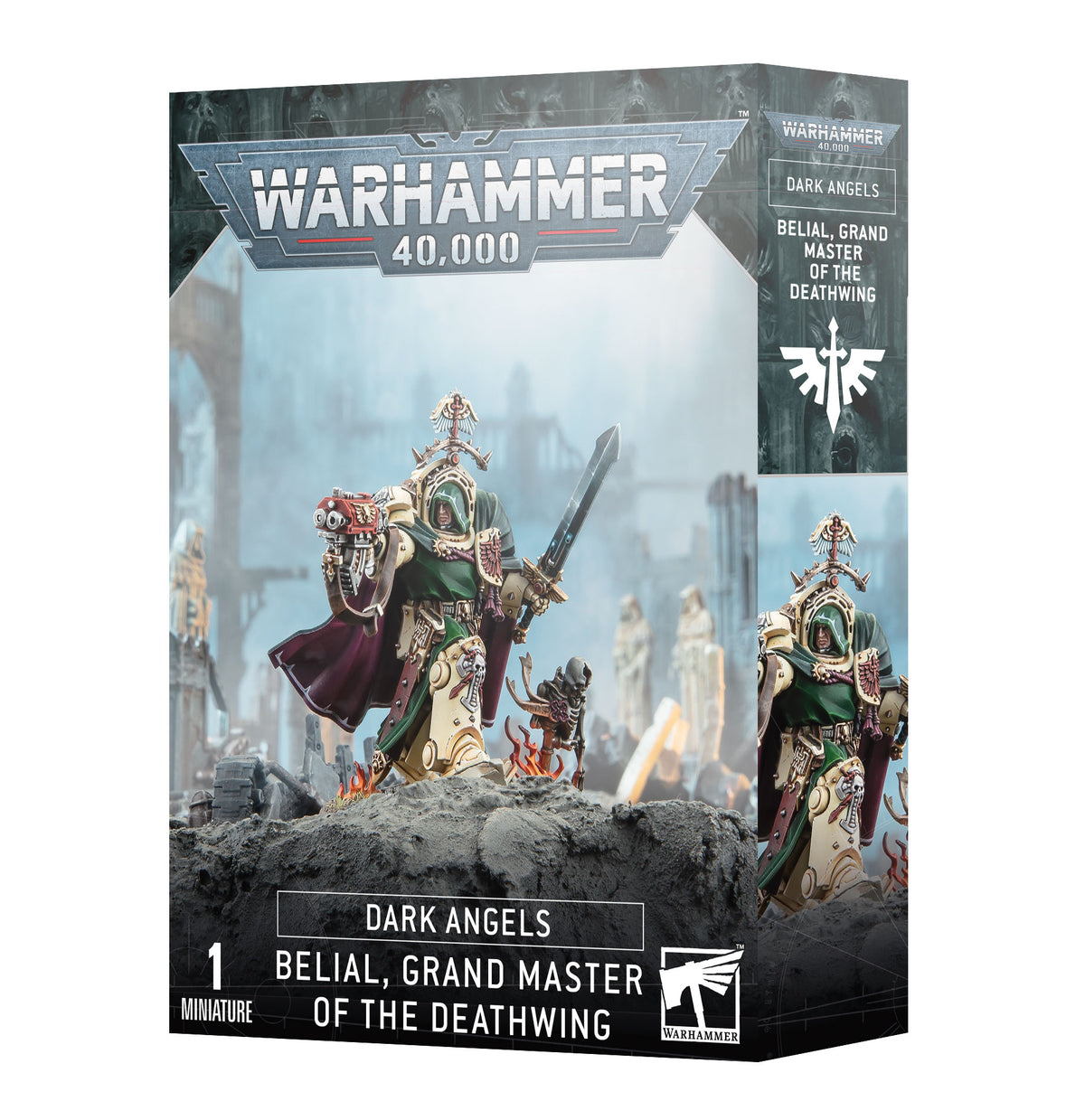 Boxed Warhammer 40,000 miniature for Belial, Grand Master of the Deathwing. The package shows him in green and ivory armor with gold details and a dark red cape, holding a pistol and sword; a second cropped view appears on the right. Text reads “WARHAMMER 40,000” and “DARK ANGELS.”