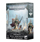 Boxed Warhammer 40,000 miniature for Belial, Grand Master of the Deathwing. The package shows him in green and ivory armor with gold details and a dark red cape, holding a pistol and sword; a second cropped view appears on the right. Text reads “WARHAMMER 40,000” and “DARK ANGELS.”