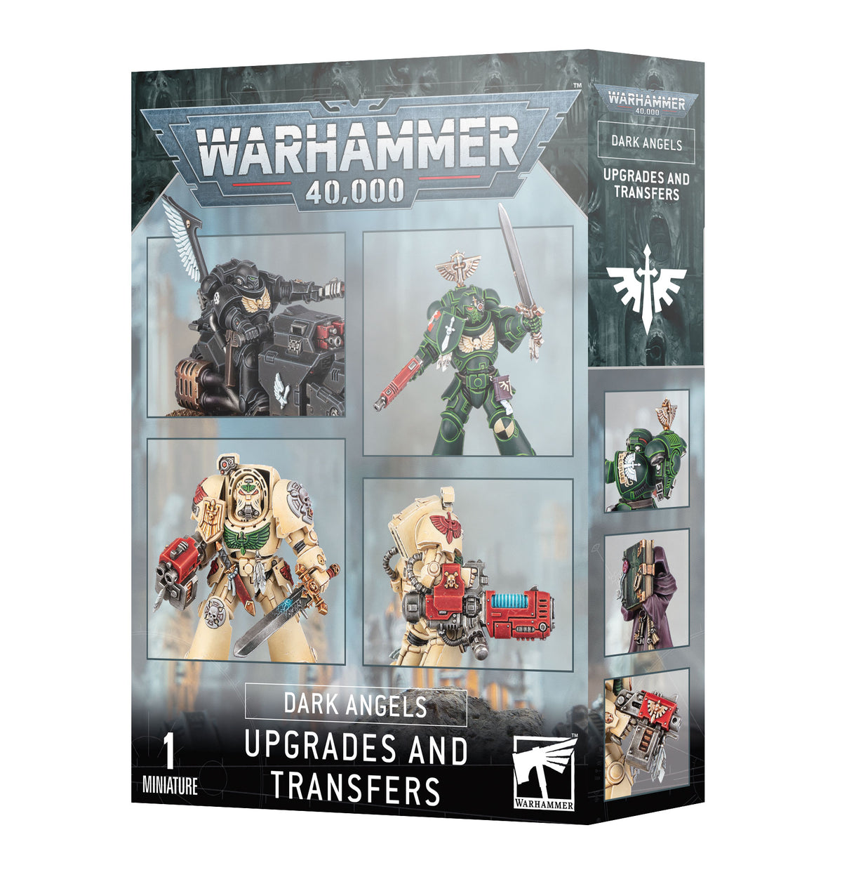 Dark gray Warhammer 40,000 box showing green and cream armored Dark Angels figures and close-ups of accessories on the front, with additional detail panels on the side. The box reads “DARK ANGELS” and “UPGRADES AND TRANSFERS.”