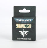 Dark green hanging box of Dark Angels dice with a clear window showing ivory dice with dark green pips and a winged emblem on one face. The package reads “WARHAMMER 40,000” and “DARK ANGELS DICE.”