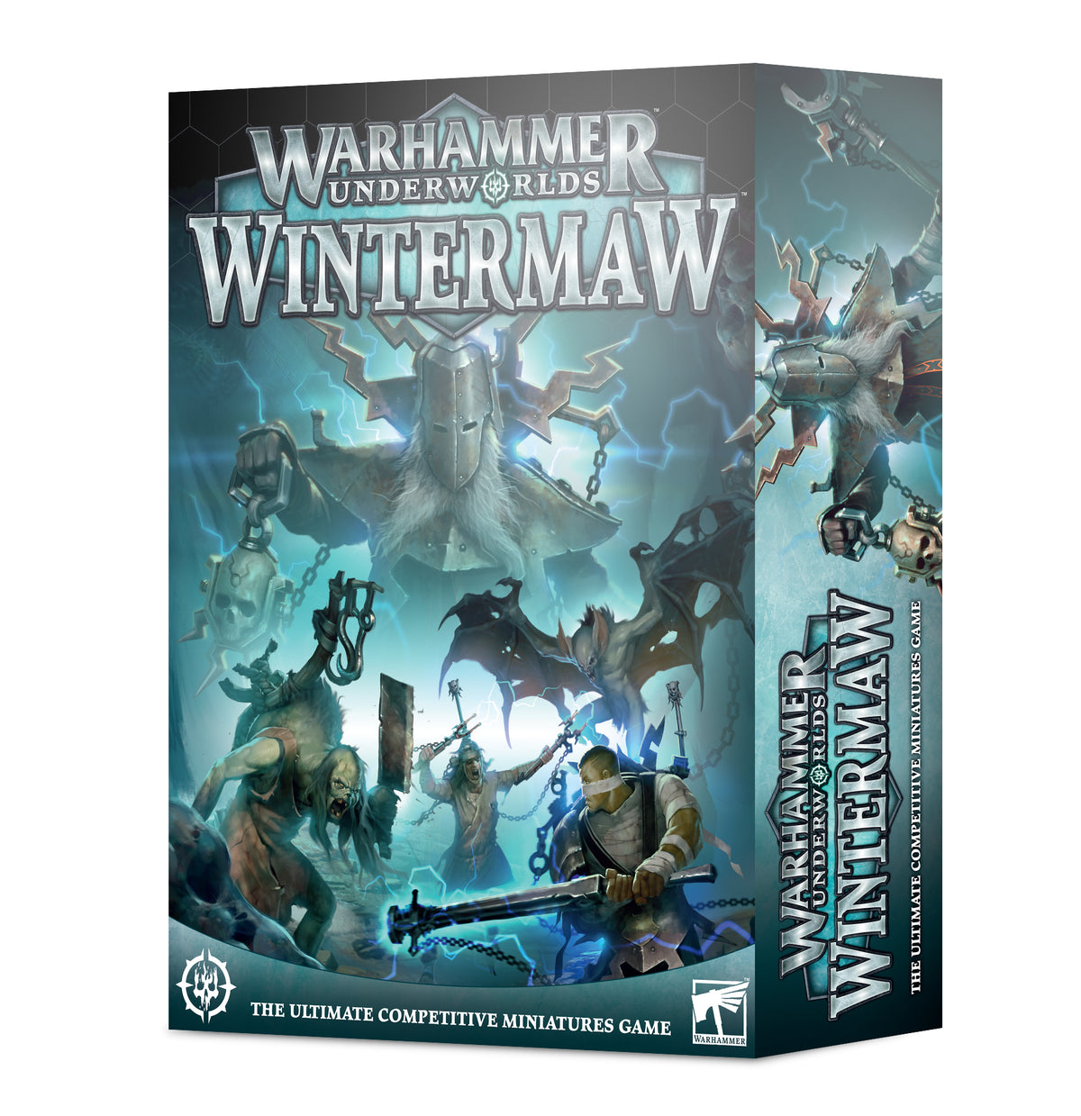 Warhammer Underworlds: Wintermaw game box shown from the front and right side, with blue-gray fantasy artwork of armored warriors and monsters amid icy lightning and chains. The front reads “WARHAMMER UNDERWORLDS WINTERMAW” and “THE ULTIMATE COMPETITIVE MINIATURES GAME.”