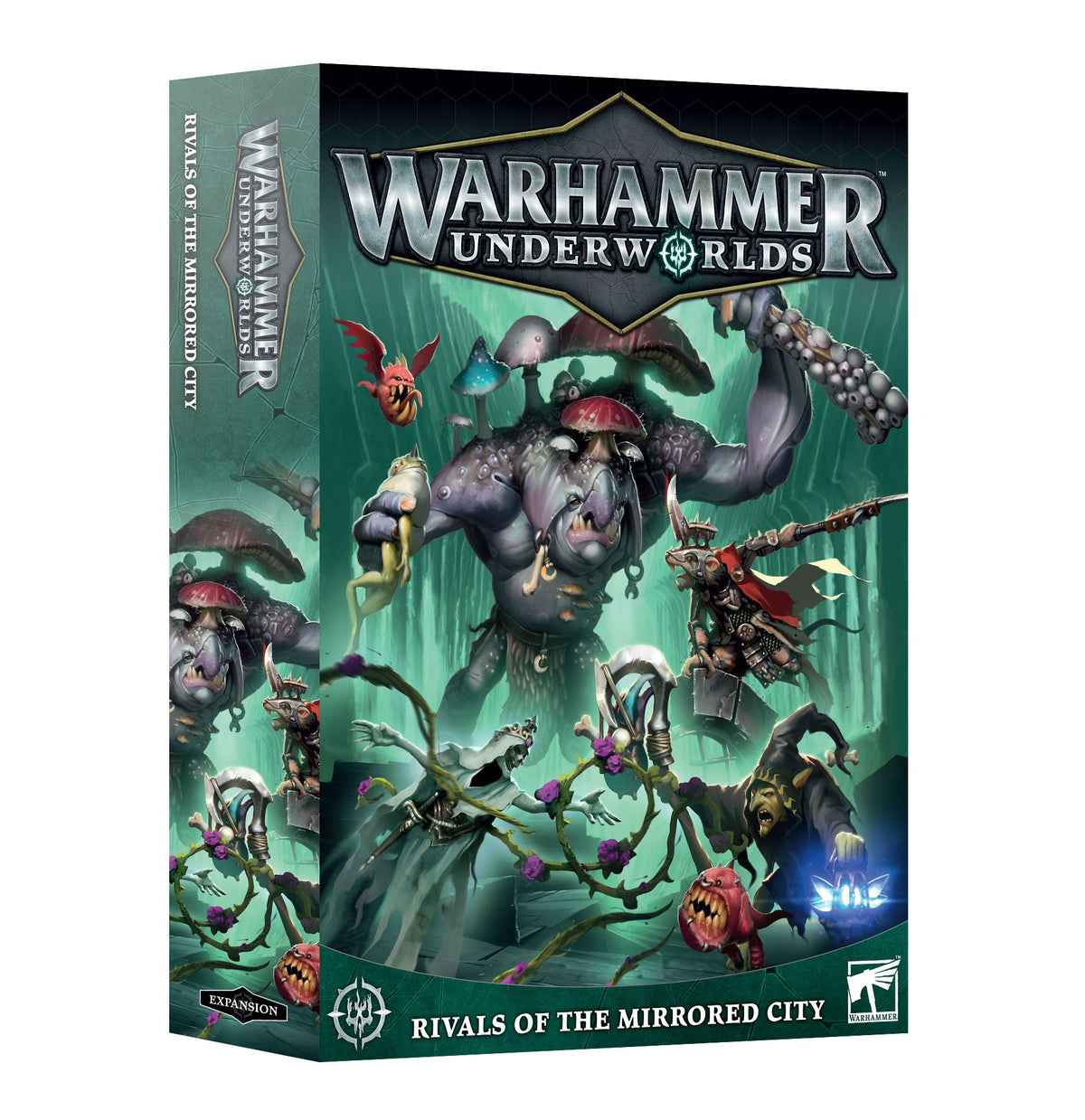 Warhammer Underworlds expansion box shown at an angle, with the front and left spine visible. Green fantasy artwork features a large troll-like creature and smaller warriors; the box reads “WARHAMMER UNDERWORLDS” and “RIVALS OF THE MIRRORED CITY.”