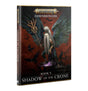 Book shown at an angle with its front cover and spine visible. The cover depicts a white-haired figure with enormous dark blue-gray wings holding a staff against a red background; text reads “WARHAMMER AGE OF SIGMAR,” “DAWNBRINGERS,” and “BOOK V SHADOW OF THE CRONE.”