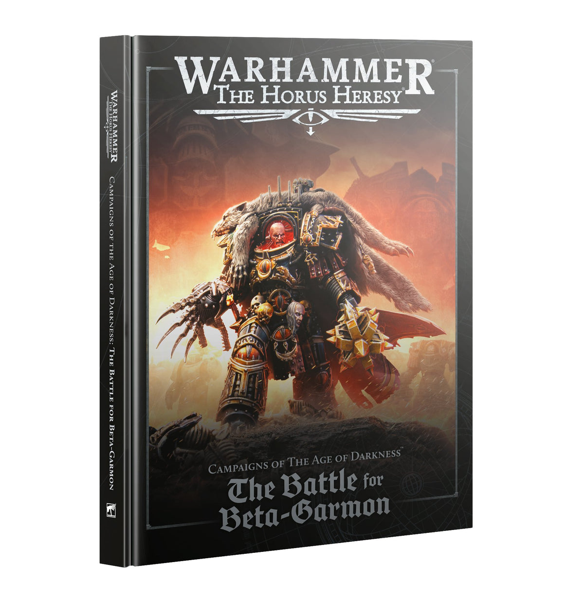 Hardcover campaign book shown upright with its front cover and spine visible. The dark cover features an ornate armored warrior against an orange, smoky battlefield and the titles “WARHAMMER THE HORUS HERESY” and “The Battle for Beta-Garmon.”