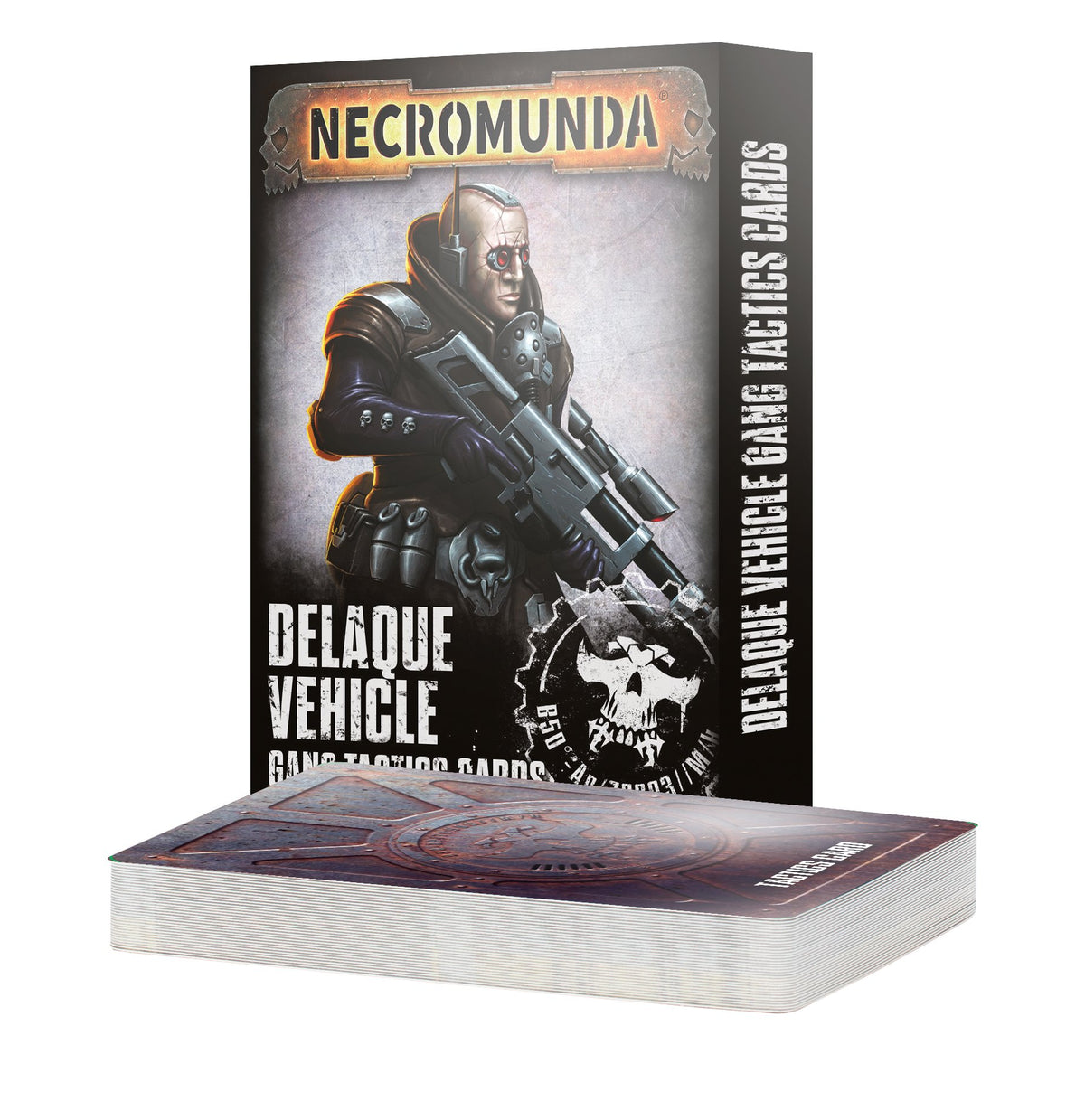 A stack of dark-backed cards sits in front of an upright black box showing a pale, bald figure in dark armor holding a gun, with a skull graphic. The box reads “NECROMUNDA” and “DELAQUE VEHICLE GANG TACTICS CARDS.”