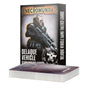 A stack of dark-backed cards sits in front of an upright black box showing a pale, bald figure in dark armor holding a gun, with a skull graphic. The box reads “NECROMUNDA” and “DELAQUE VEHICLE GANG TACTICS CARDS.”