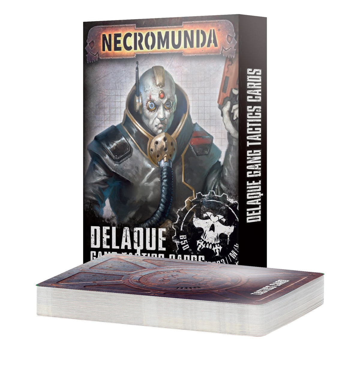 A Necromunda Delaque tactics card pack, with a standing dark box behind a thick stack of cards. The box shows a masked, armored figure and skull emblem, with “NECROMUNDA” across the top and white lettering along the side.
