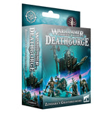 Teal Warhammer Underworlds: Deathgorge expansion box, shown at an angle with its front and left side visible. The artwork depicts a hooded figure above a band of creatures; the package reads “Zondara’s Gravebreakers” and “EXPANSION.”