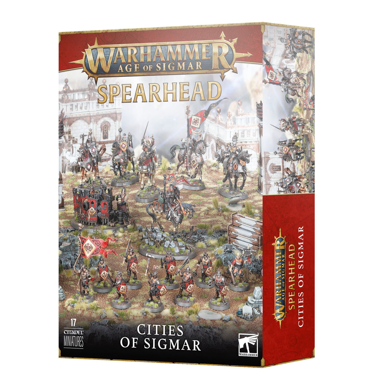 A Cities of Sigmar miniatures box shown from the front and right side. The front depicts armored foot soldiers, mounted riders and artillery in a battle scene, with “WARHAMMER AGE OF SIGMAR,” “SPEARHEAD” and “CITIES OF SIGMAR” lettering; the side has more miniature artwork on a red panel.