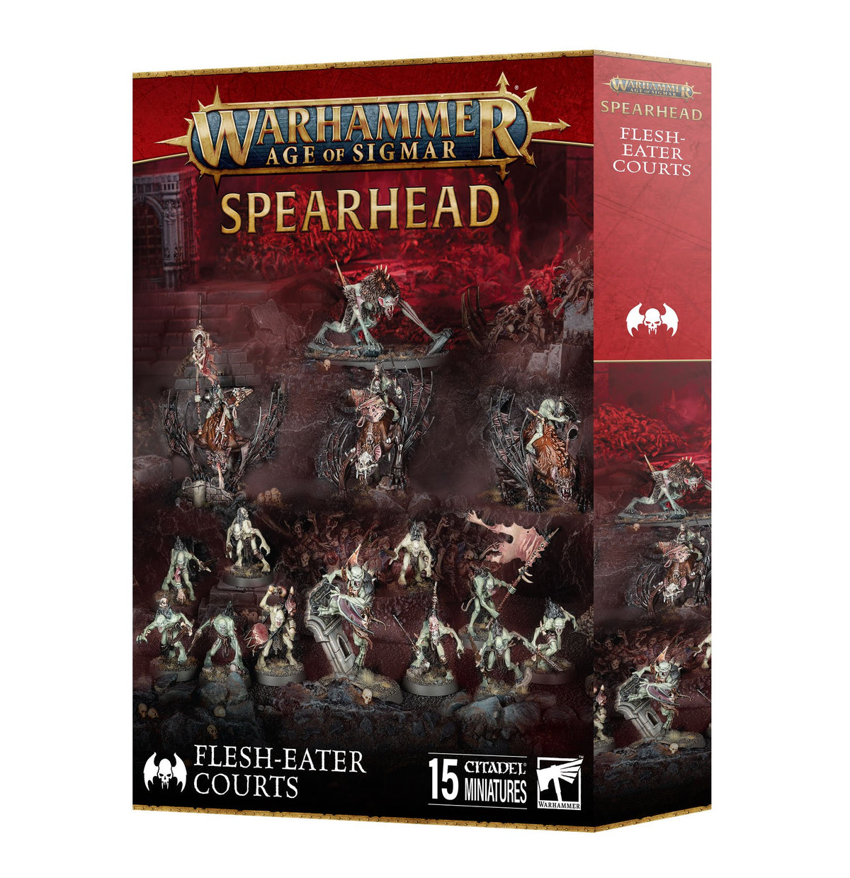 A red and black Warhammer game box shown from the front and right side, with gold trim and artwork of pale, armored fantasy figures and mounted warriors. The front reads “WARHAMMER AGE OF SIGMAR,” “SPEARHEAD” and “15 CITADEL MINIATURES”; the side reads “SPEARHEAD FLESH-EATER COURTS.”