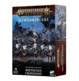Upright Warhammer miniature set box with blue-black fantasy artwork of pale-haired warriors in dark armor and purple accents. The front reads “WARHAMMER AGE OF SIGMAR,” “DAWNBRINGERS,” and “KRETHUSA’S CRONEHOST”; a narrow illustrated side panel is also visible.