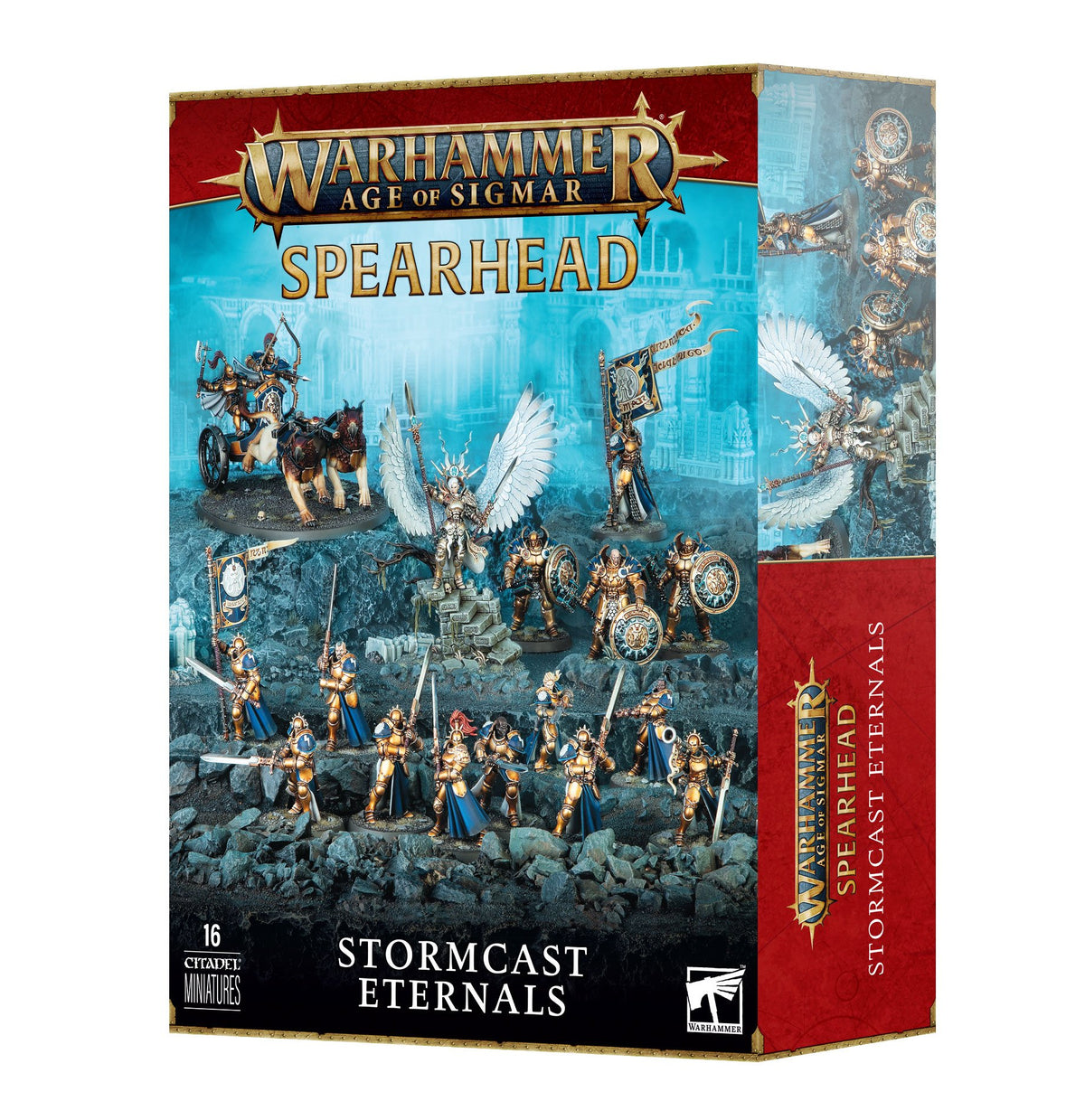 A boxed Stormcast Eternals miniature set shown from the front and right side, with gold-and-blue armored fantasy figures and a winged warrior on rocky terrain. The turquoise and red box reads “WARHAMMER AGE OF SIGMAR,” “SPEARHEAD,” and “STORMCAST ETERNALS.”
