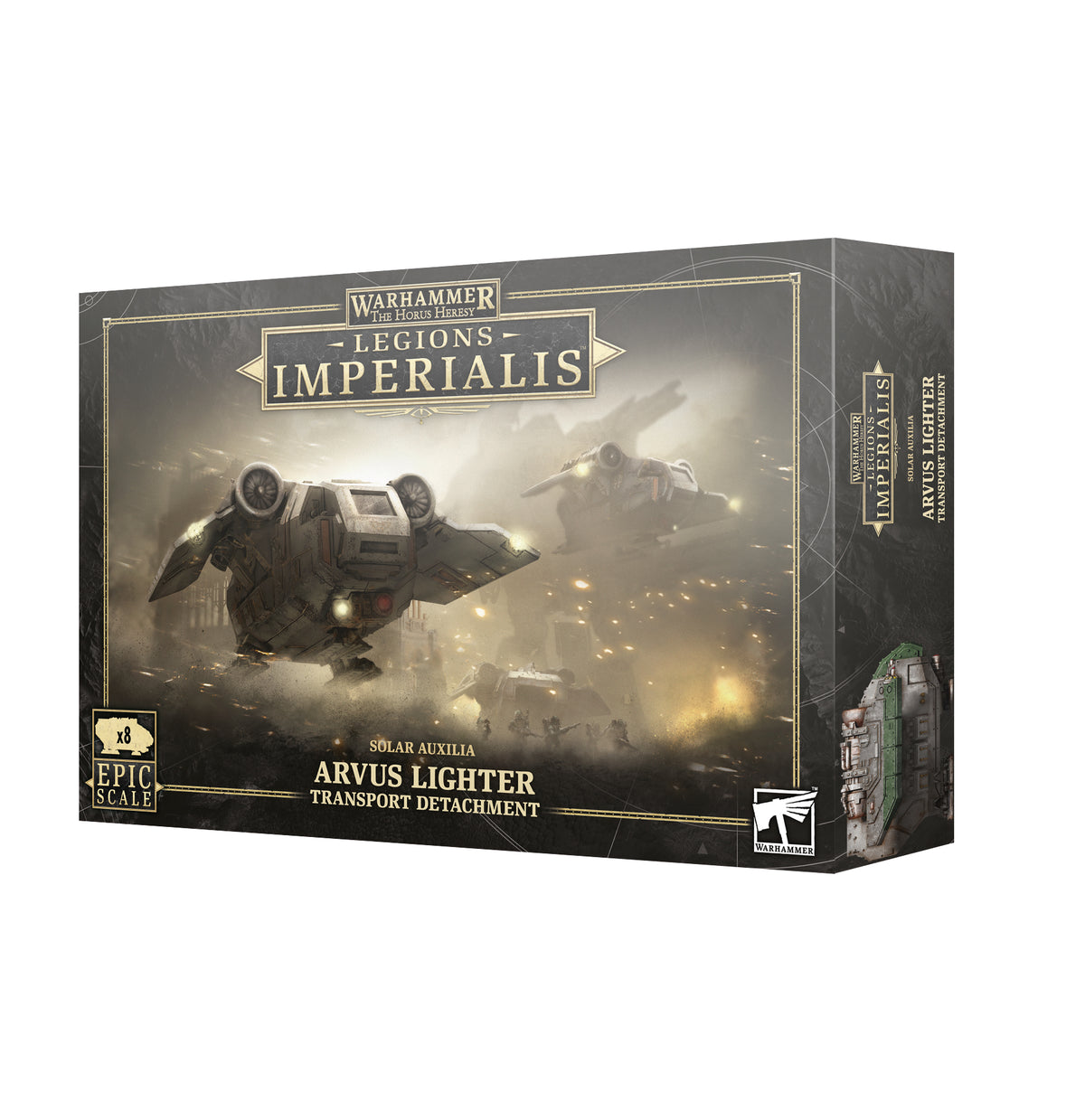 Dark gray Warhammer miniature box shown from the front and right side, with sepia artwork of armored shuttle aircraft over a battlefield. The front reads “LEGIONS IMPERIALIS” and “ARVUS LIGHTER TRANSPORT DETACHMENT,” with an “x8” Epic Scale badge; the side shows a shuttle illustration.