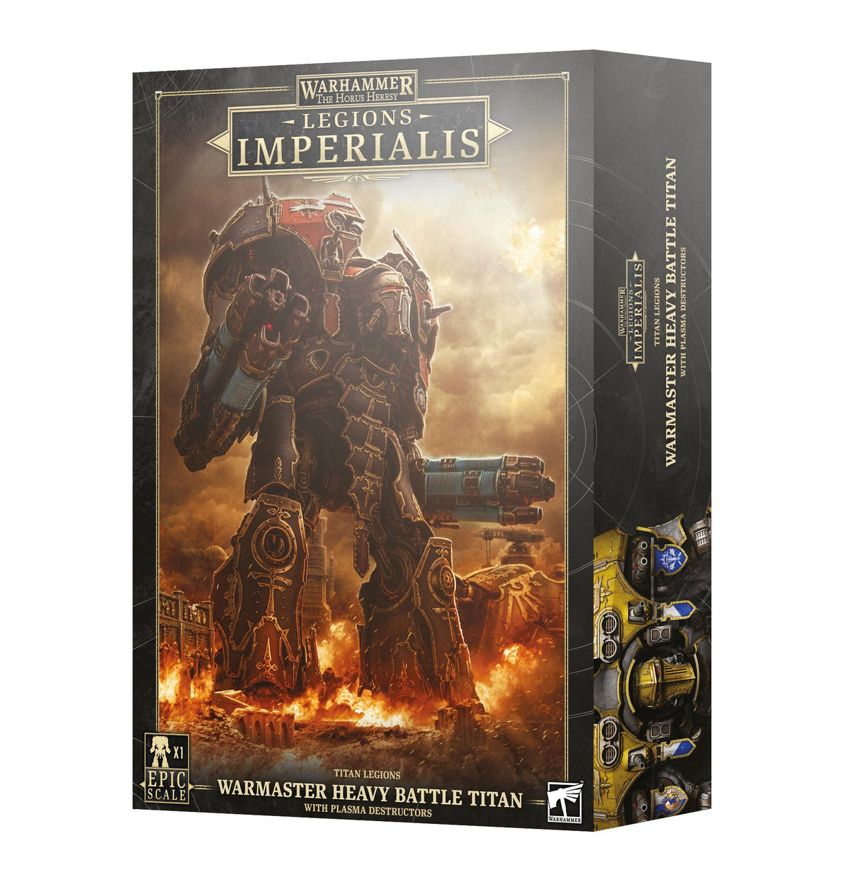 Legions Imperialis Warmaster Heavy Battle Titan boxed miniature kit, shown from the front and right side. The front depicts a towering dark bronze and red armored titan amid flames, with “LEGIONS IMPERIALIS” and “WARMASTER HEAVY BATTLE TITAN” text; the side shows a yellow-and-black titan detail.