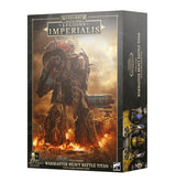 Legions Imperialis Warmaster Heavy Battle Titan boxed miniature kit, shown from the front and right side. The front depicts a towering dark bronze and red armored titan amid flames, with “LEGIONS IMPERIALIS” and “WARMASTER HEAVY BATTLE TITAN” text; the side shows a yellow-and-black titan detail.