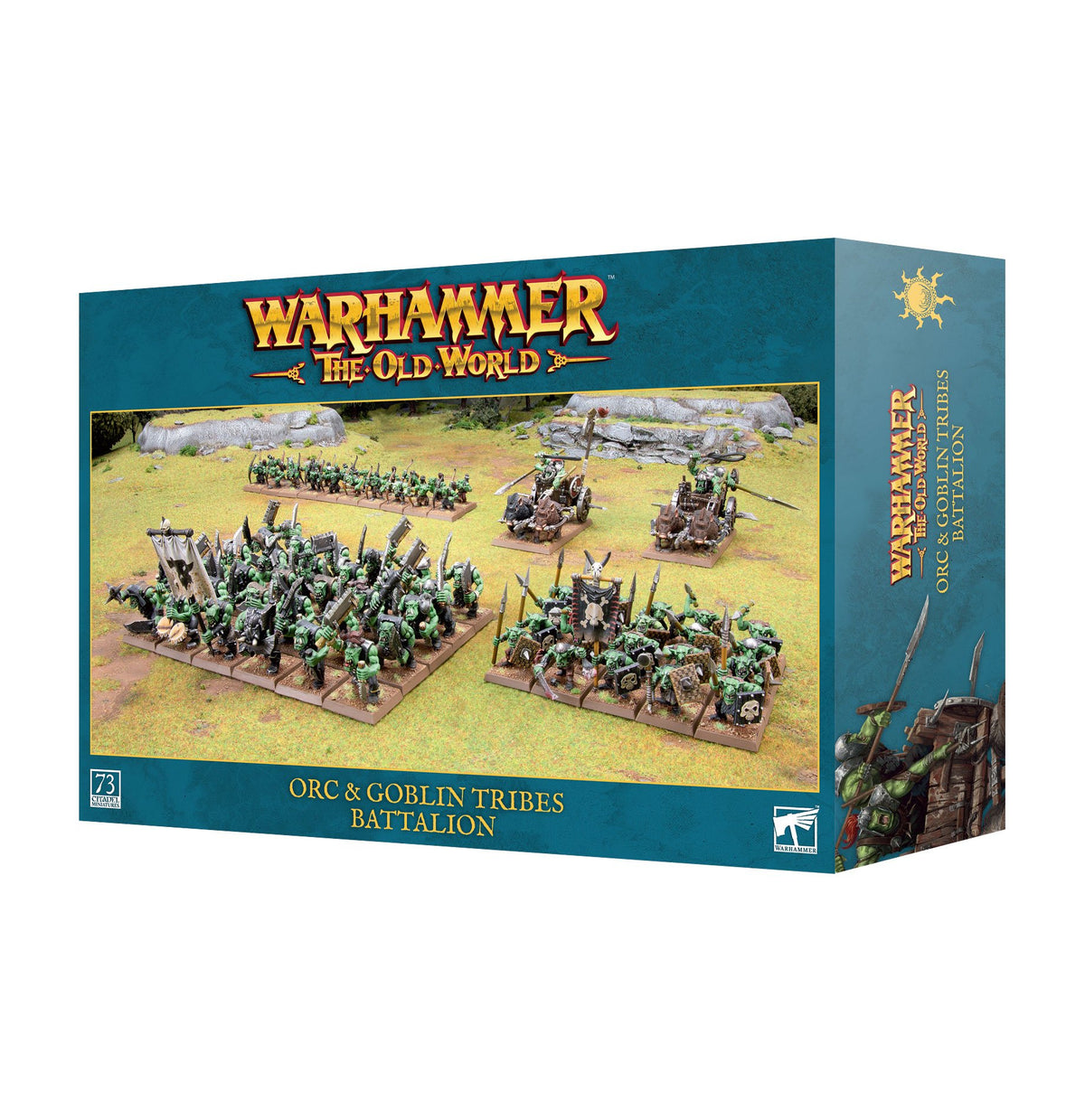 Teal Warhammer tabletop miniatures box shown from the front and right side. The front features rows of green Orc and Goblin figures with chariots on a battlefield and the text “WARHAMMER THE OLD WORLD” and “ORC & GOBLIN TRIBES BATTALION”; the side has matching character artwork and vertical lettering.