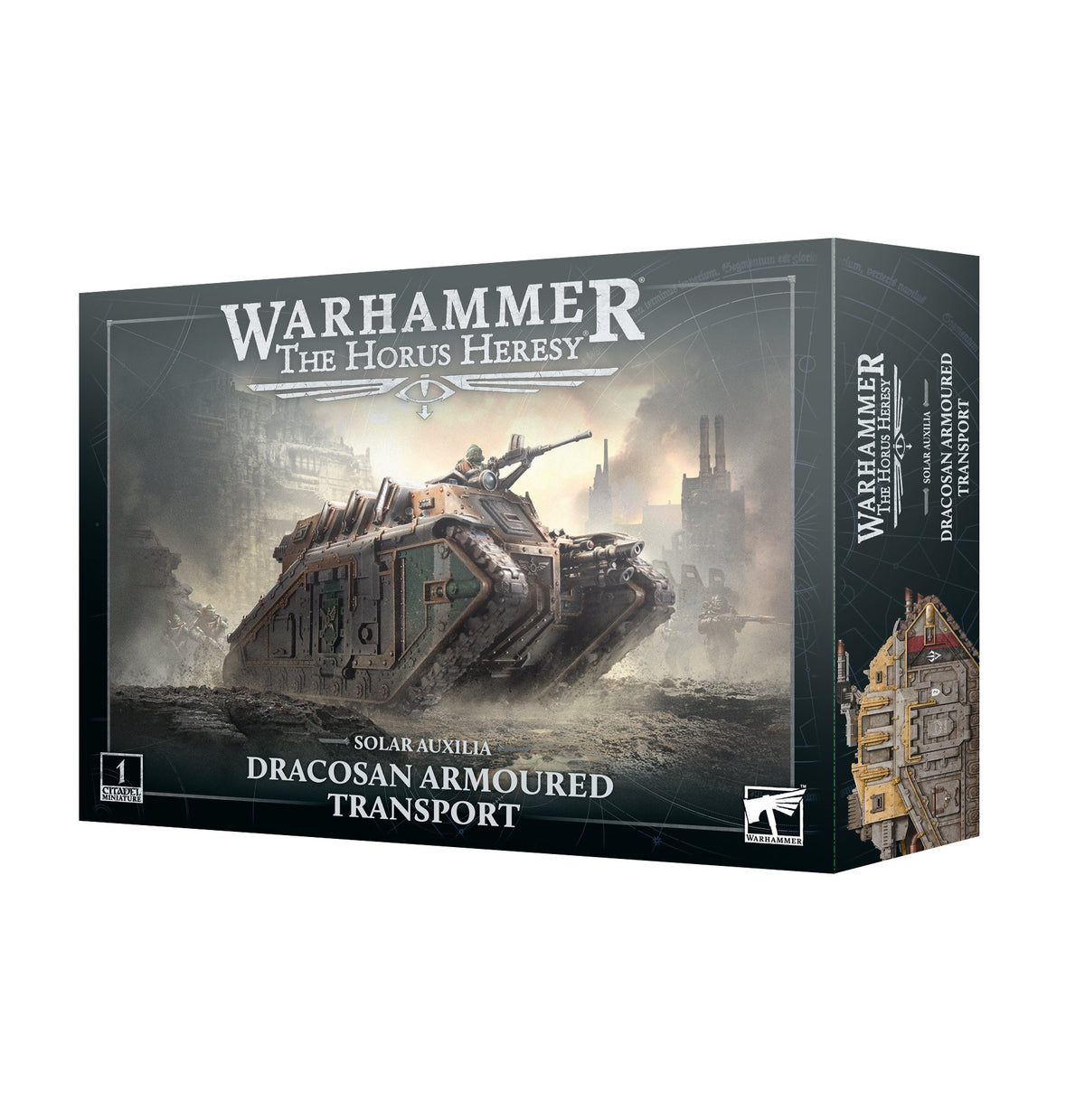 Box for a Warhammer miniature kit, shown from the front and right side. The front depicts a tan and dark green armored transport in a smoky battlefield, with “WARHAMMER THE HORUS HERESY” and “SOLAR AUXILIA DRACOSAN ARMOURED TRANSPORT”; the side shows another view of the vehicle.