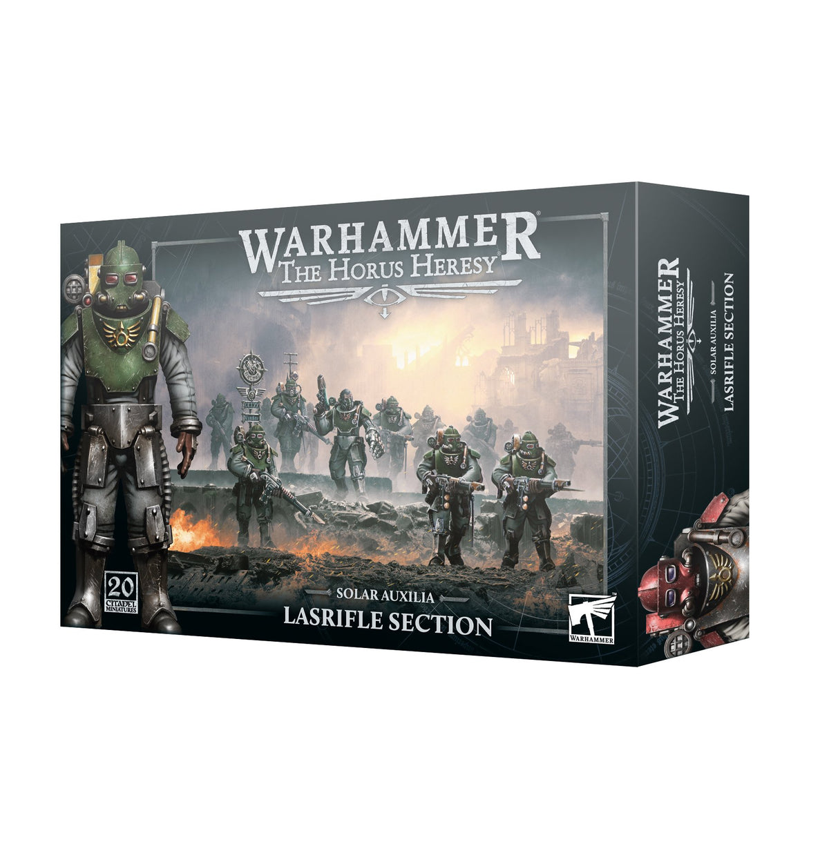 Boxed Warhammer: The Horus Heresy Solar Auxilia Lasrifle Section, shown from the front and right side. The artwork depicts green-armored soldiers with rifles on a smoky battlefield; the box reads “SOLAR AUXILIA LASRIFLE SECTION” and “20 CITADEL MINIATURES.”