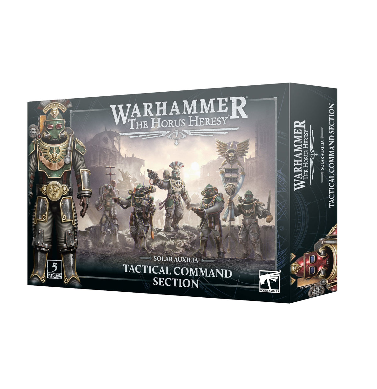 Warhammer: The Horus Heresy Solar Auxilia Tactical Command Section miniature set in a dark rectangular box, shown from the front and right side. The front features armored soldiers and a banner in a battlefield scene, with gold-and-black character artwork at left; text reads “WARHAMMER THE HORUS HERESY” and “TACTICAL COMMAND SECTION.”