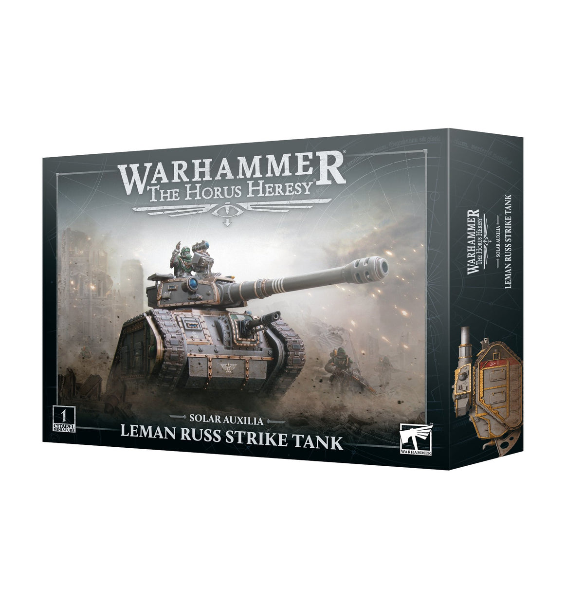 Box for a Leman Russ Strike Tank miniature, shown from the front and right side. The front depicts a gray armored tank and soldiers in a battlefield scene, with a tank detail on the side; the box reads “WARHAMMER THE HORUS HERESY” and “LEMAN RUSS STRIKE TANK.”