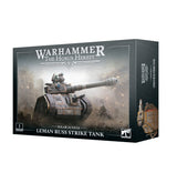 Box for a Leman Russ Strike Tank miniature, shown from the front and right side. The front depicts a gray armored tank and soldiers in a battlefield scene, with a tank detail on the side; the box reads “WARHAMMER THE HORUS HERESY” and “LEMAN RUSS STRIKE TANK.”