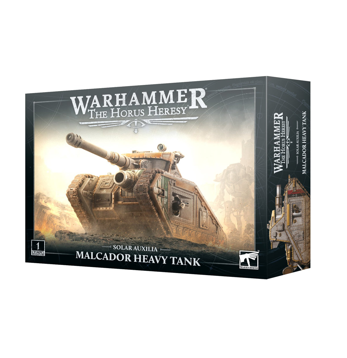 Box for a Solar Auxilia Malcador heavy tank miniature kit, shown at an angle with a large weathered brown armored tank and multiple cannons on the front artwork and a tank side view on the right panel. The box reads “WARHAMMER THE HORUS HERESY” and “SOLAR AUXILIA MALCADOR HEAVY TANK.”