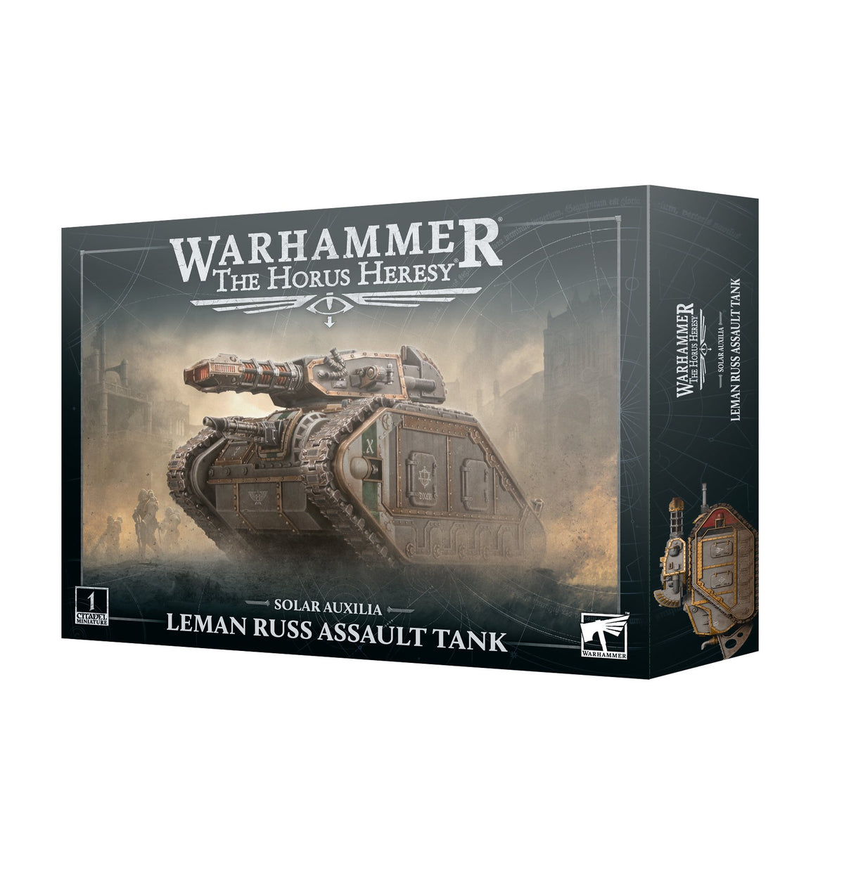 Boxed miniature kit shown from the front and right side. The dark green-gray box features artwork of a heavily armored brown-and-gray tank with a large cannon; the side shows a tank detail. Text reads “WARHAMMER THE HORUS HERESY” and “SOLAR AUXILIA LEMAN RUSS ASSAULT TANK.”