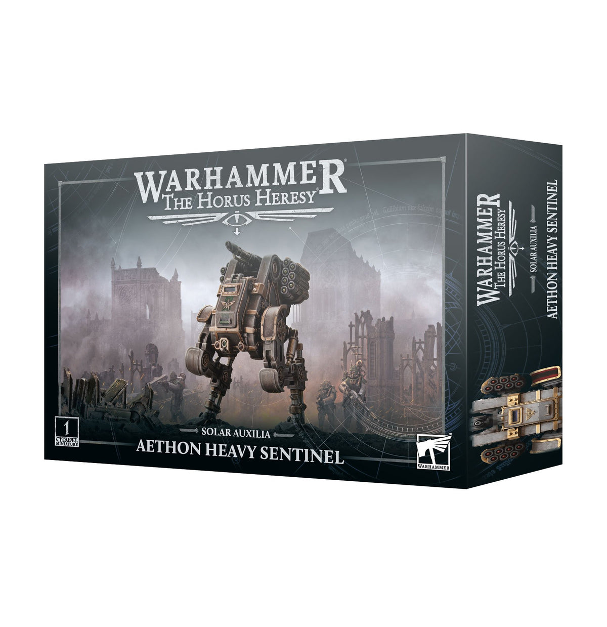 A dark gray Warhammer miniature box shown from the front and right side, with artwork of an armored bipedal walker carrying a cannon and missile pods amid a ruined battlefield. The front reads “WARHAMMER,” “THE HORUS HERESY” and “AETHON HEAVY SENTINEL.”