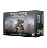 A dark gray Warhammer miniature box shown from the front and right side, with artwork of an armored bipedal walker carrying a cannon and missile pods amid a ruined battlefield. The front reads “WARHAMMER,” “THE HORUS HERESY” and “AETHON HEAVY SENTINEL.”