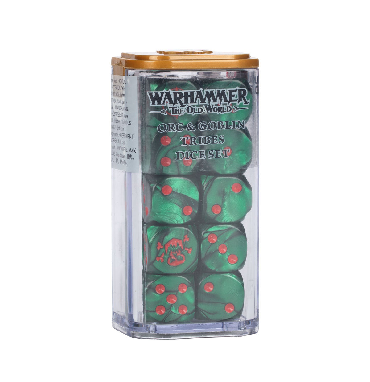 A clear rectangular case with a gold-toned lid holds green marbled dice with red pips, including one with a red faction emblem. The label reads “WARHAMMER THE OLD WORLD” and “ORC & GOBLIN TRIBES DICE SET.”