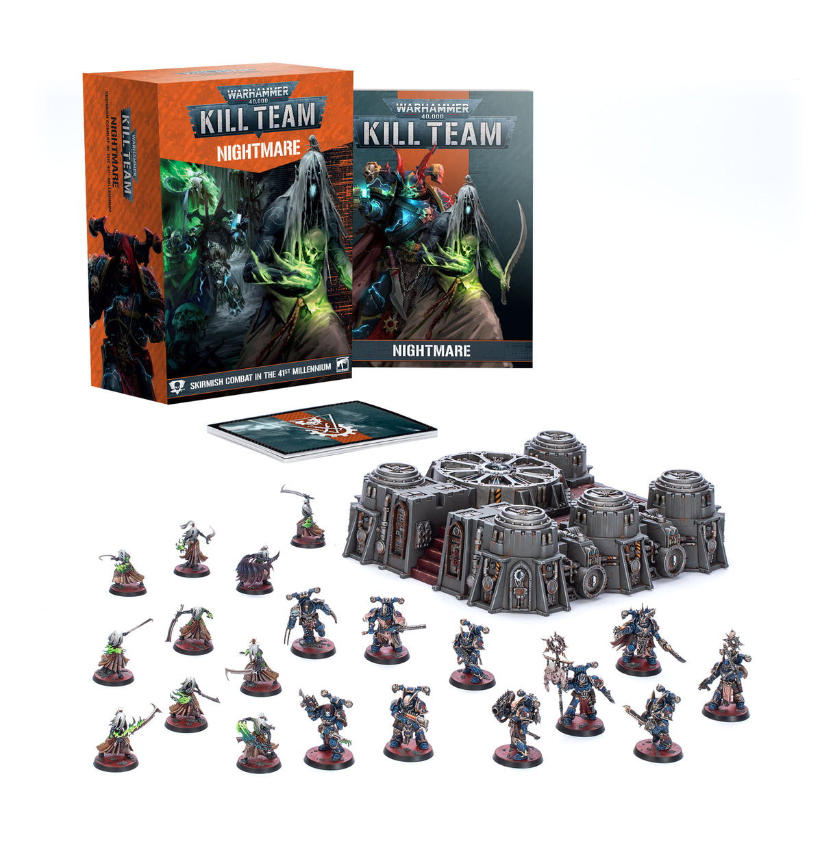 Kill Team: Nightmare tabletop game set on a white background, with an orange illustrated box and matching book behind a group of dark gray terrain pieces and two teams of painted miniatures on round bases. The box reads “KILL TEAM” and “NIGHTMARE.”