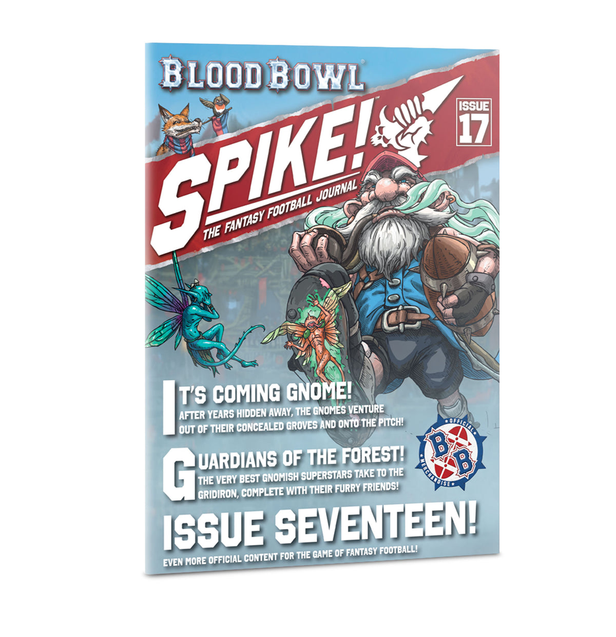 Front cover of a single illustrated Blood Bowl journal, with a muscular, white-bearded player carrying a ball alongside small fantasy creatures. Blue and red cover bands frame the text “BLOOD BOWL,” “SPIKE!” and “ISSUE 17.”