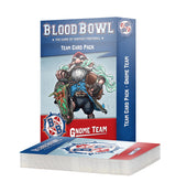 Blood Bowl Gnome Team card pack box stands behind a thick stack of cards. The blue, red and white packaging shows an armored, bearded fantasy player and reads “BLOOD BOWL,” “TEAM CARD PACK” and “GNOME TEAM.”