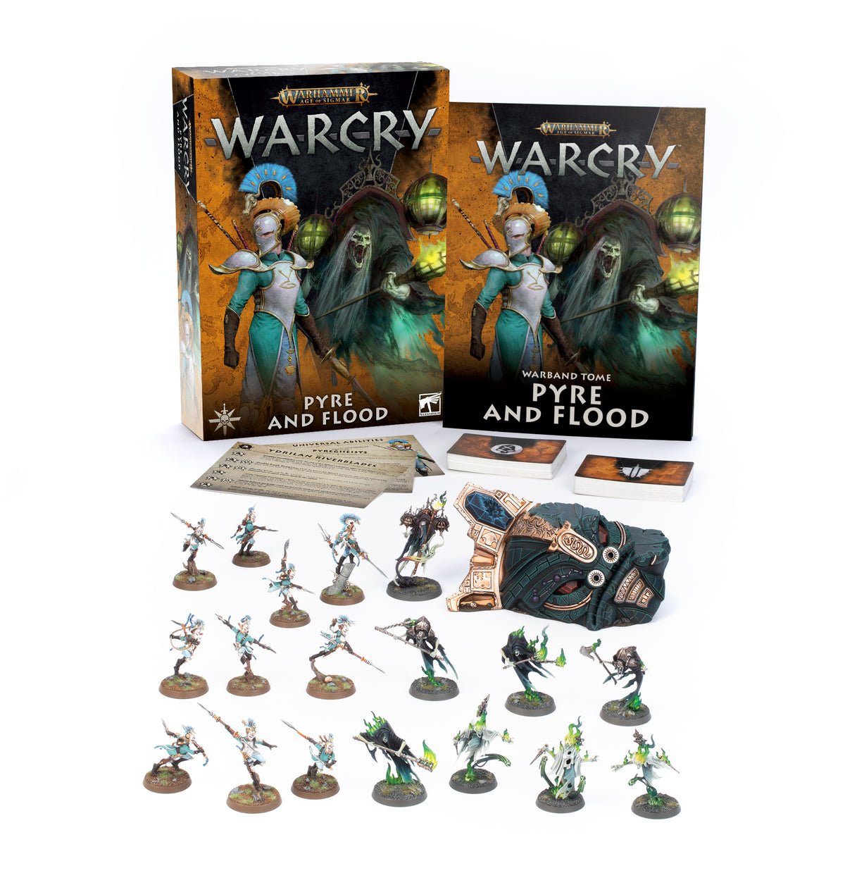 Warcry: Pyre and Flood game set displayed with an orange-and-black box and matching Warband Tome featuring a turquoise-armored warrior and shadowy spirit; 18 painted fantasy miniatures, printed cards and papers, and a large teal illustrated piece are arranged below. The covers read “WARCRY” and “PYRE AND FLOOD.”