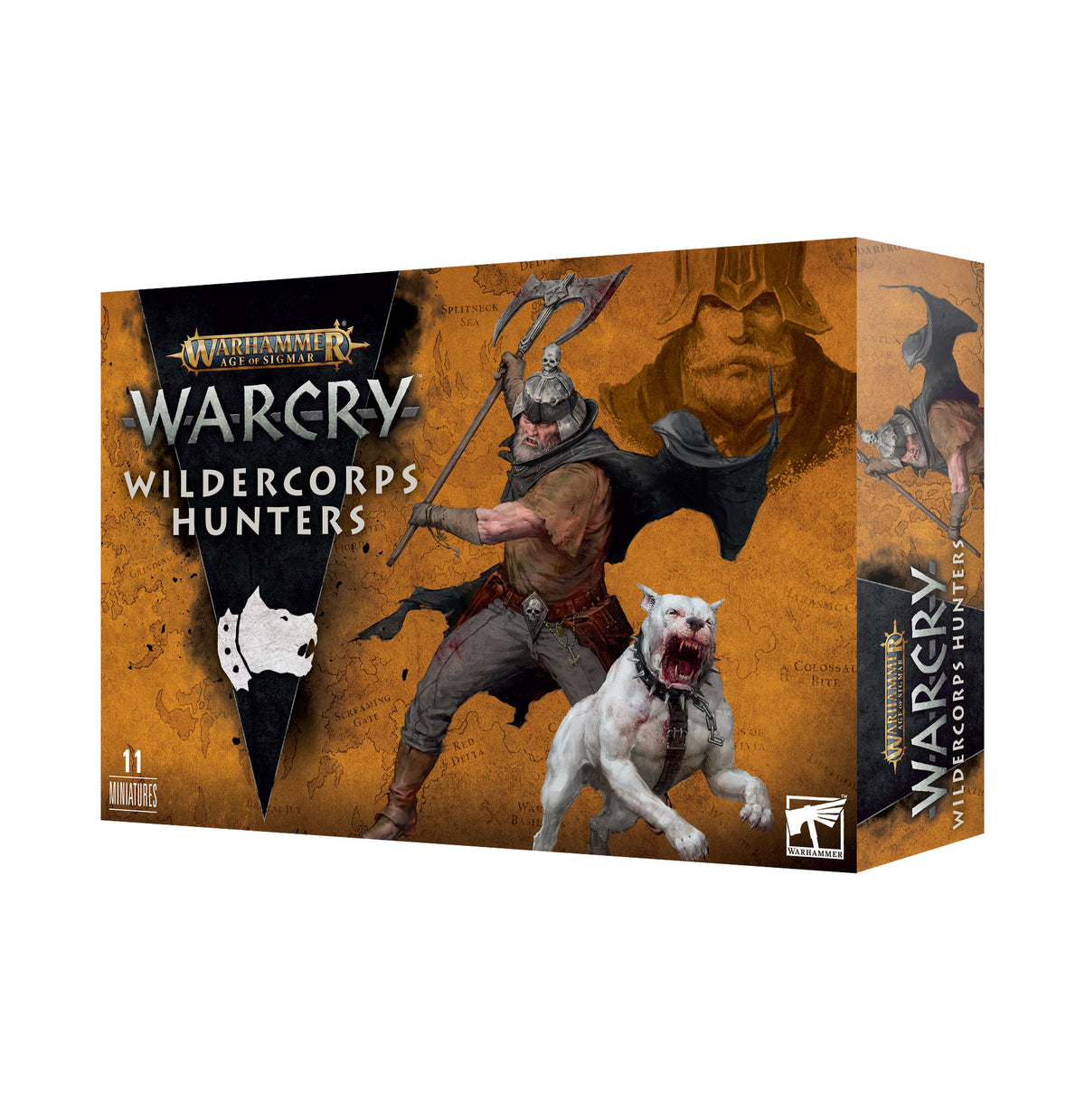 Warcry: Wildercorps Hunters game box shown from the front and right side, with orange-brown artwork of an armed hunter beside a snarling white dog. The front reads “WARHAMMER AGE OF SIGMAR,” “WARCRY,” “WILDERCORPS HUNTERS,” and “11 MINIATURES.”