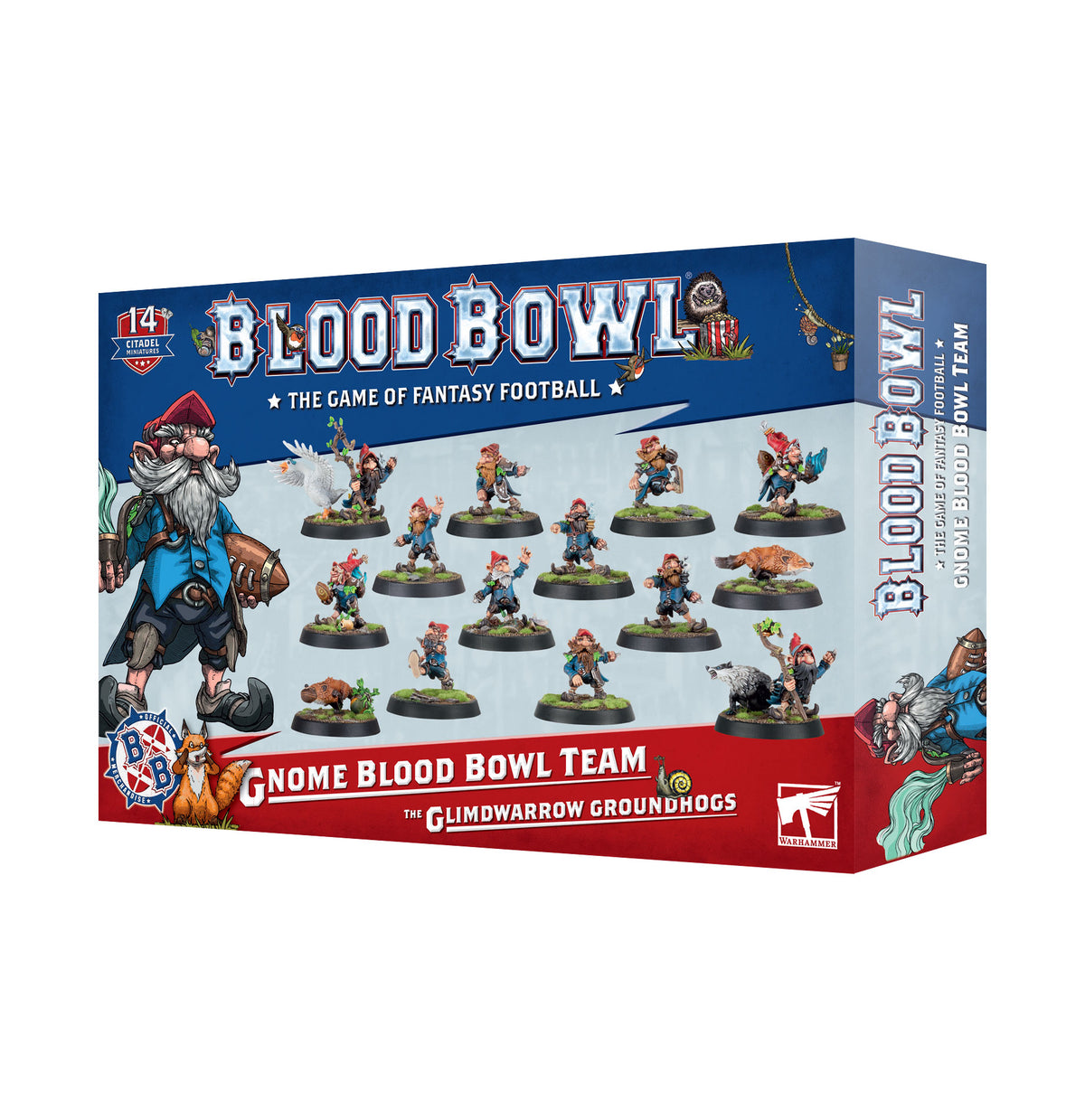 A blue-and-red Blood Bowl box stands against a white background, showing rows of colorful gnome and animal-player miniatures on the front. The box reads “BLOOD BOWL,” “GNOME BLOOD BOWL TEAM” and “THE GLIMDWARROW GROUNDHOGS,” with the title repeated on its side.