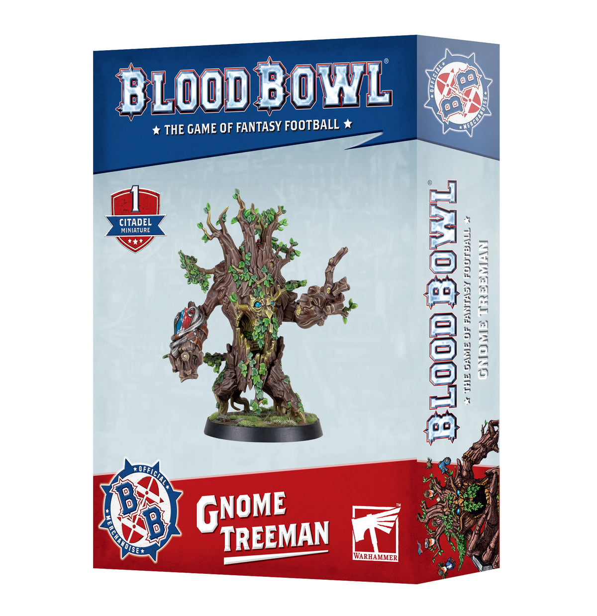 Boxed Blood Bowl Gnome Treeman miniature, with the front and right side visible. The artwork shows a leafy, branch-limbed tree figure on a round base; the box reads “BLOOD BOWL” and “GNOME TREEMAN.”