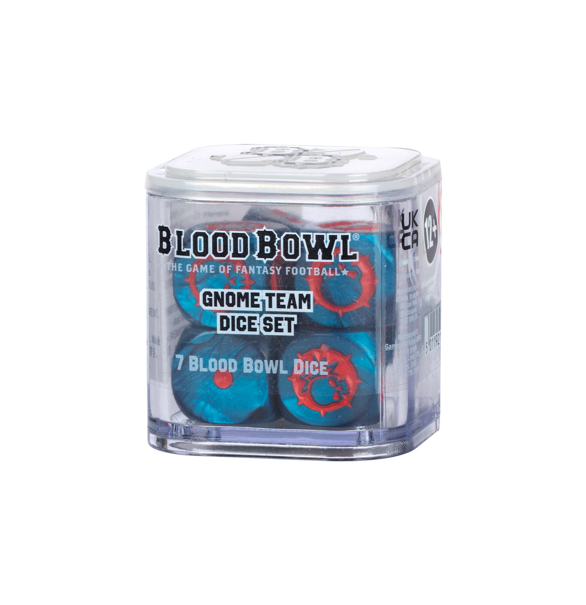 A clear plastic case displays blue dice with red emblem graphics. The label reads “BLOOD BOWL,” “GNOME TEAM DICE SET,” and “7 BLOOD BOWL DICE.”